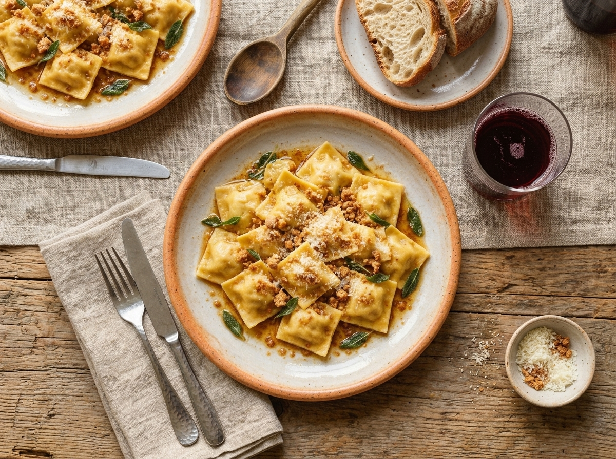 Table set for dinner with a plate of tortelli di zucca, a glass of Lambrusco, and a linen napkin under warm light