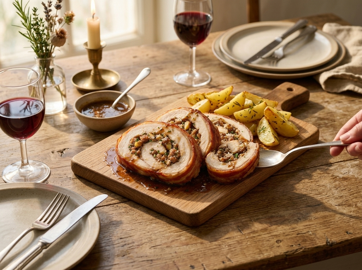 Family-style dinner table with sliced tacchino ripieno on a platter, roasted potatoes, and a glass of red wine under warm light
