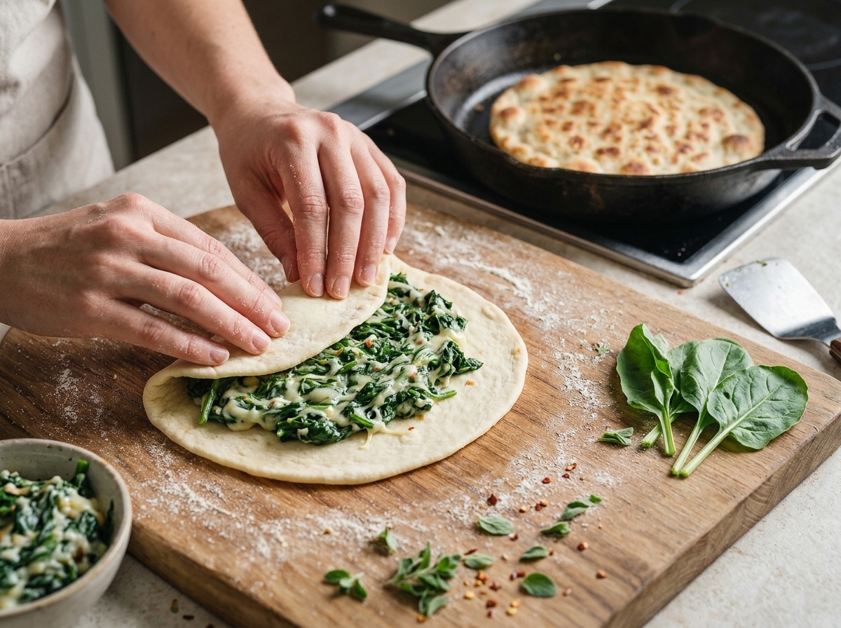 Hands folding a rolled piadina round over wilted greens and torn squacquerone, sealing the half-moon edge with a fork.