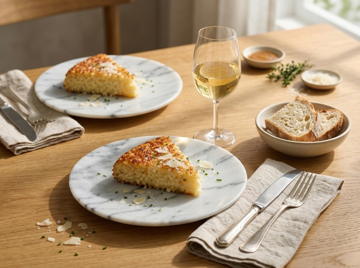 Two plates of crispy risotto cake wedges beside a linen napkin and glass of white wine at a sunlit table.