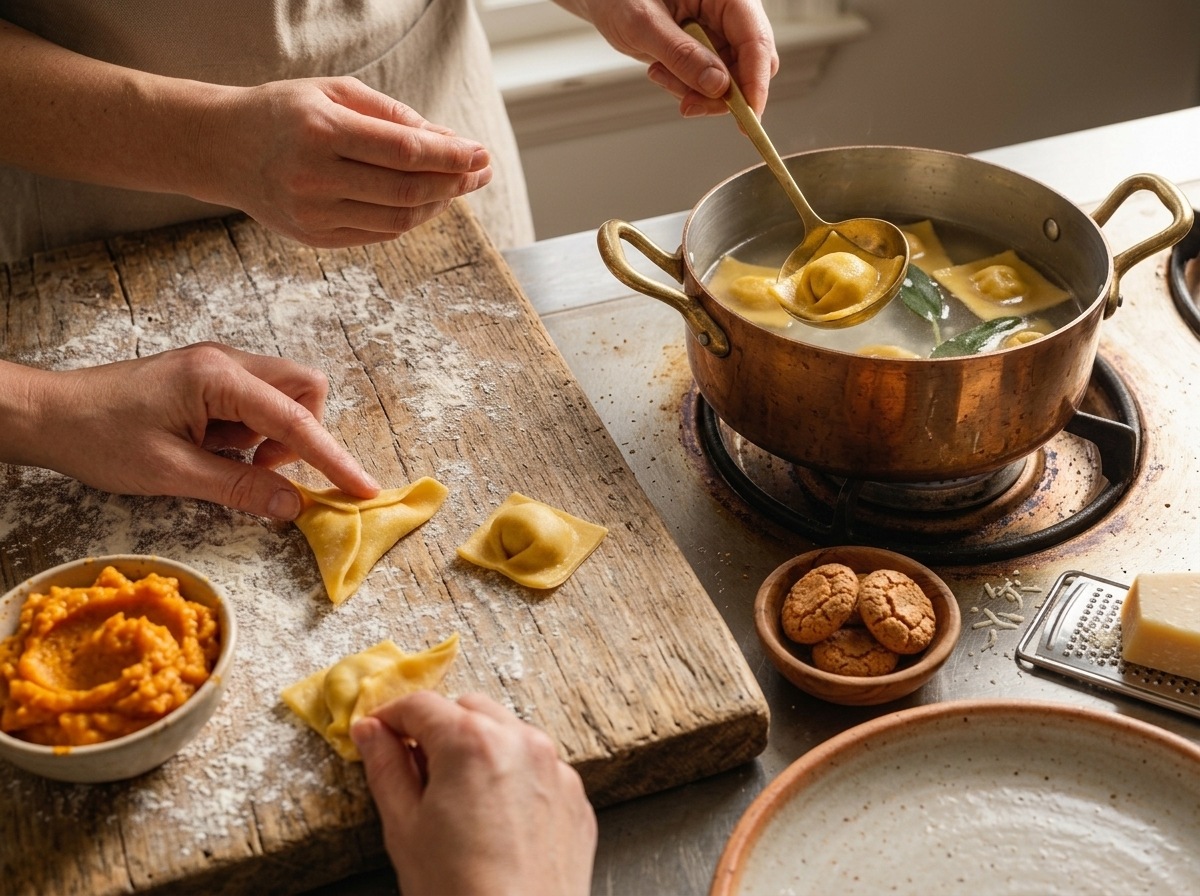 Hands pinching pumpkin-filled pasta squares into tortelli shape on a floured wooden board dusted with flour