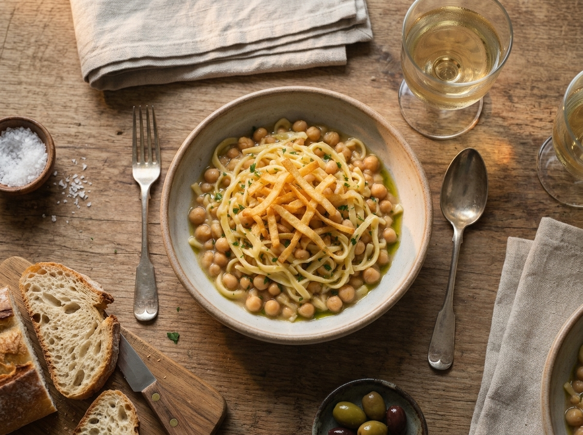 Wooden table set with a steaming bowl of ciceri e tria, crusty bread, and a glass of white wine beside a linen napkin.