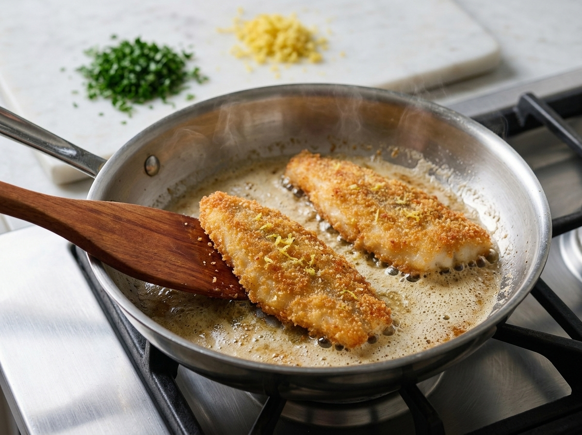 Two breaded perch fillets frying in foaming butter in a steel skillet, crust turning deep gold at the edges