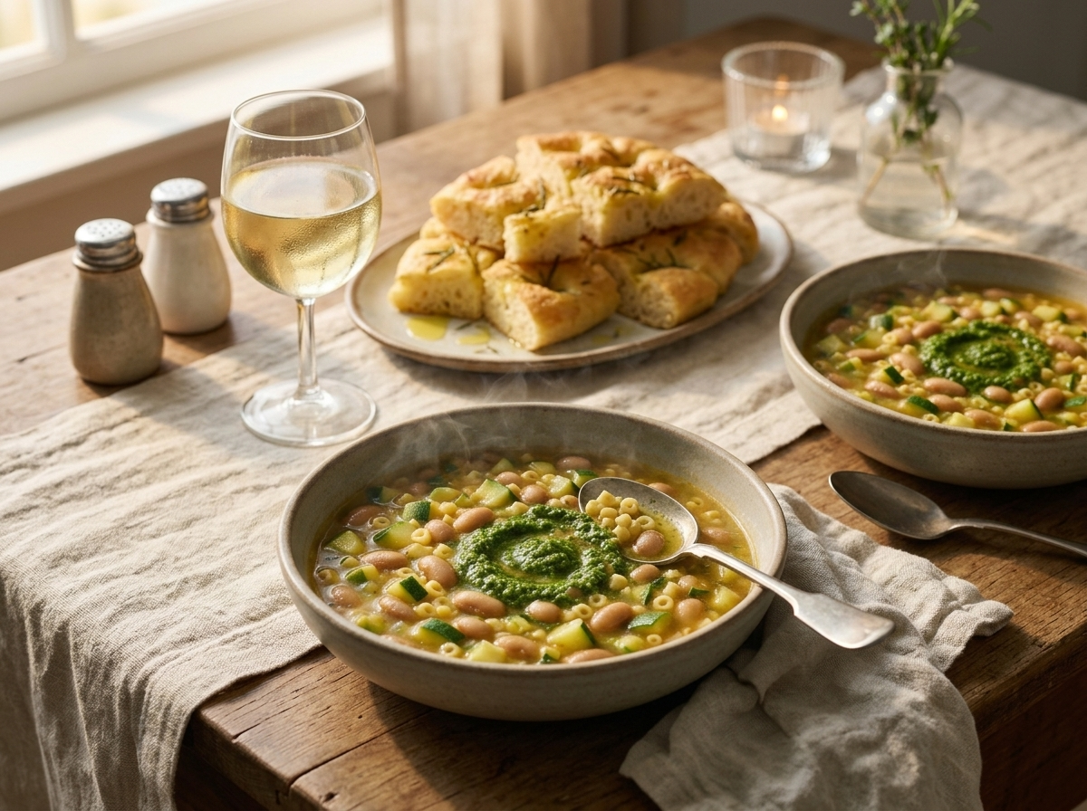 Two rustic bowls of minestrone and a plate of sliced focaccia on a linen napkin at a sunlit kitchen table