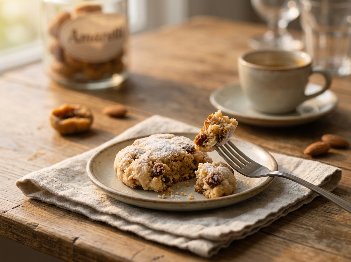 Espresso cup beside a small plate of spiced Milanese cookies on a linen napkin, morning light through a window.
