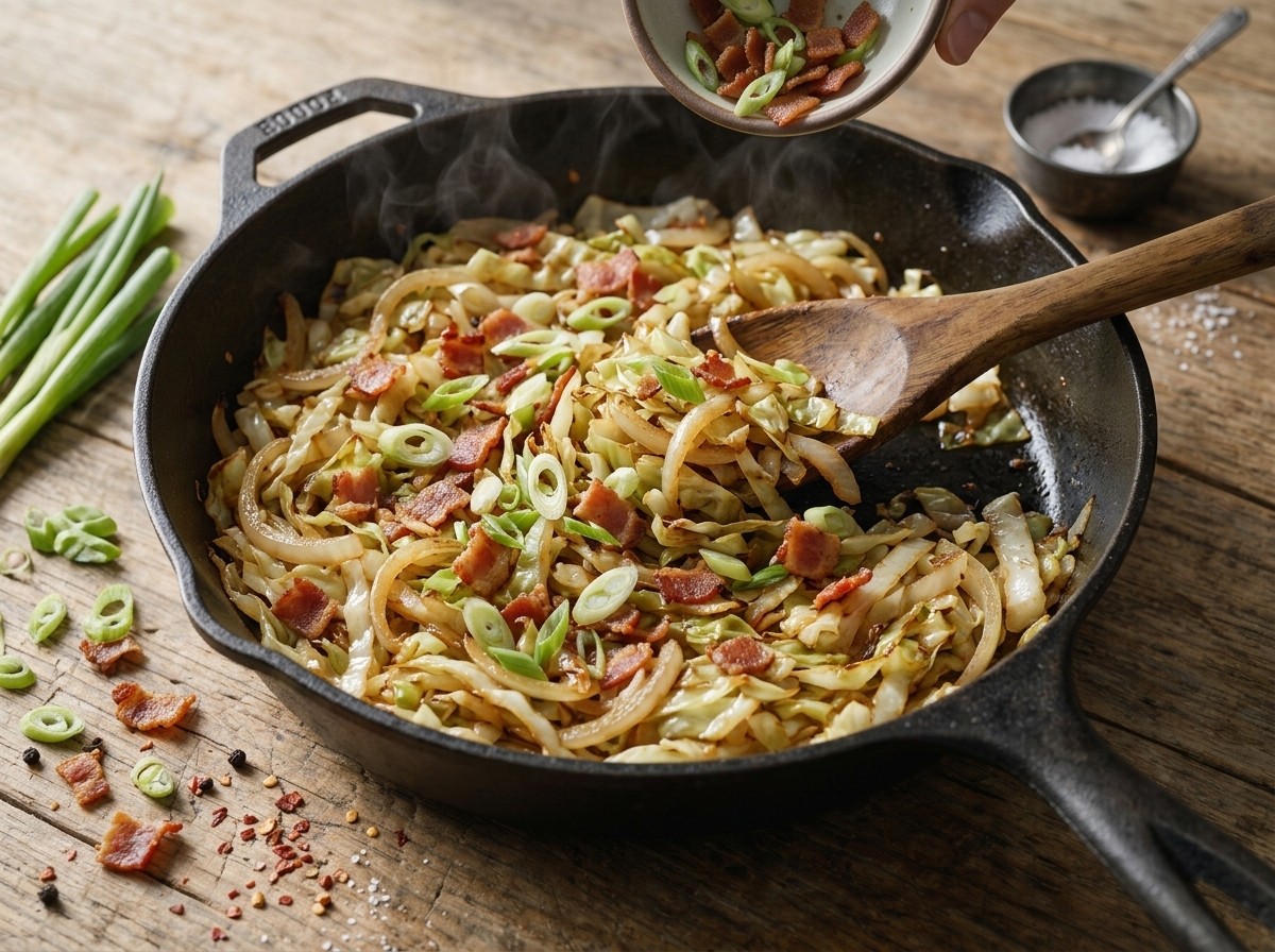 Wooden spoon stirring cabbage and onions in a cast iron skillet as the edges turn golden brown over medium heat