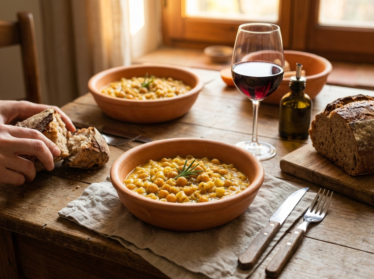 Two rustic bowls of chickpea pasta stew on a linen napkin with crusty bread and a glass of red wine nearby.