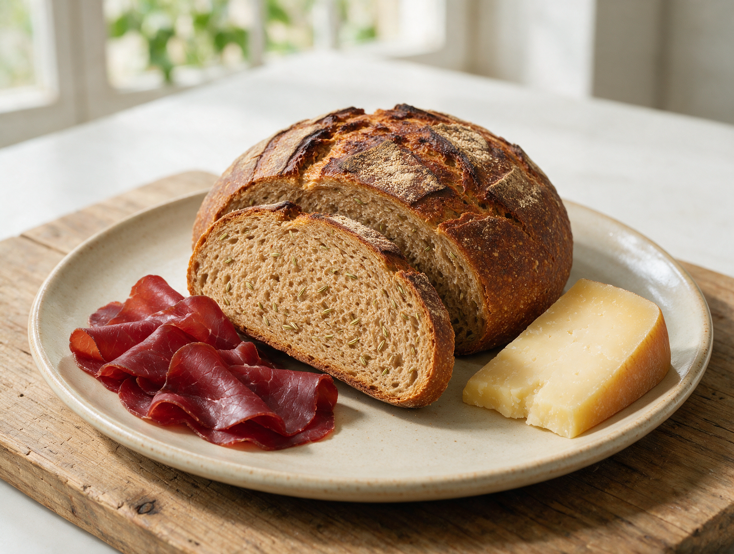 Dark round Valtellina rye sourdough loaf sliced open on a wooden board, showing dense tan crumb and fennel seeds.