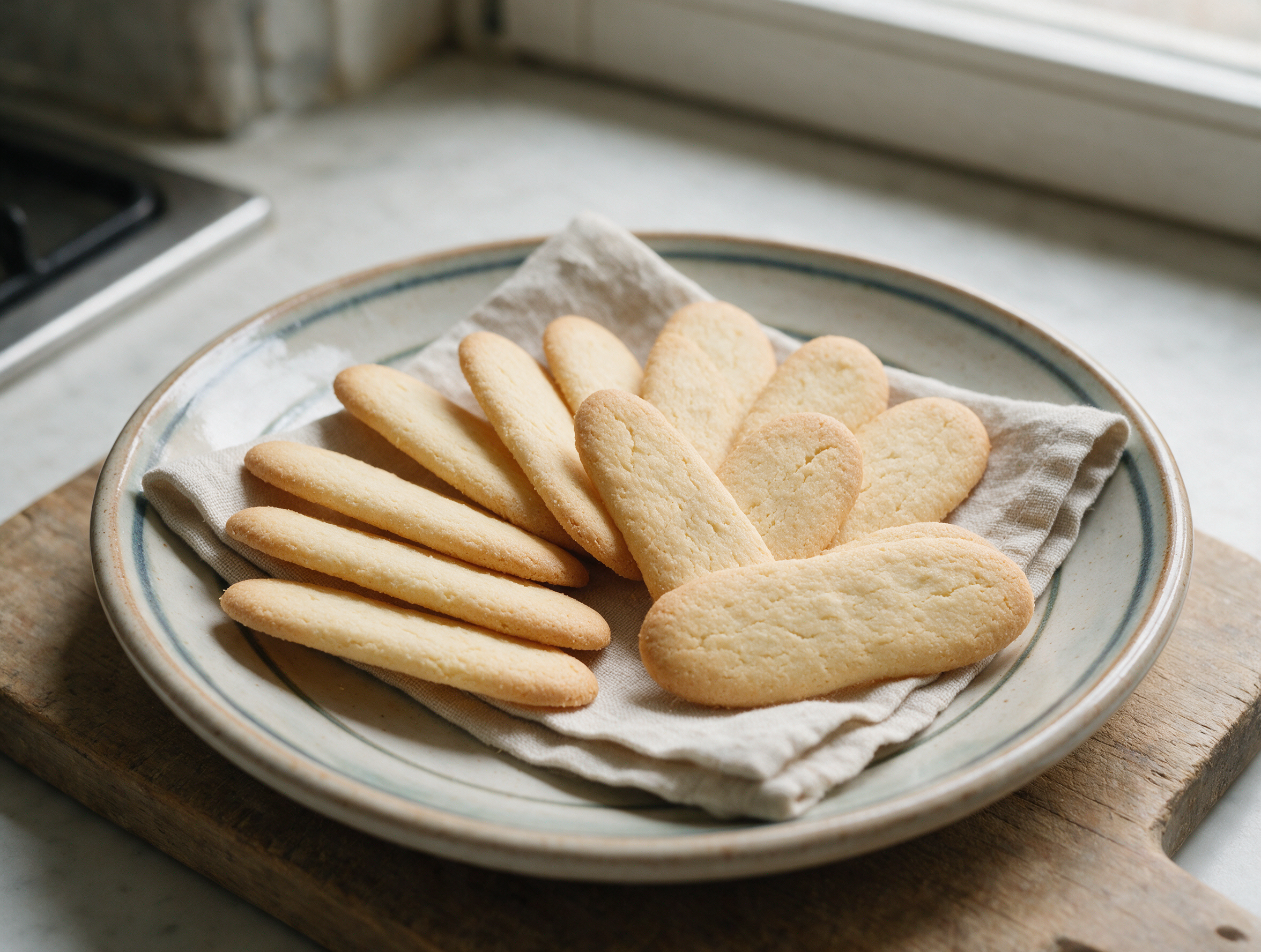 Pale golden baicoli biscuits fanned on a linen napkin over a wooden board with an espresso cup nearby