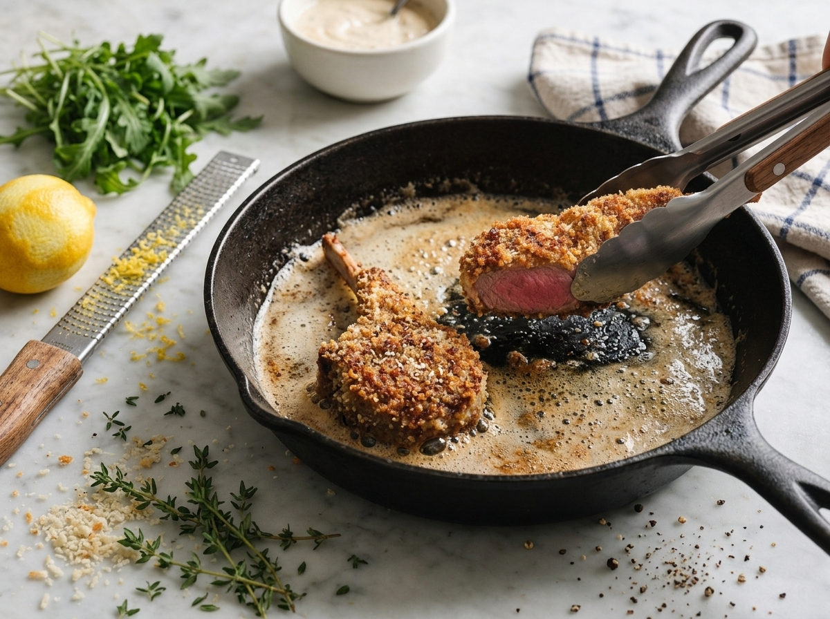 Breaded lamb chops sizzling in a cast iron skillet with foaming butter, tongs lifting one chop to check the crust color