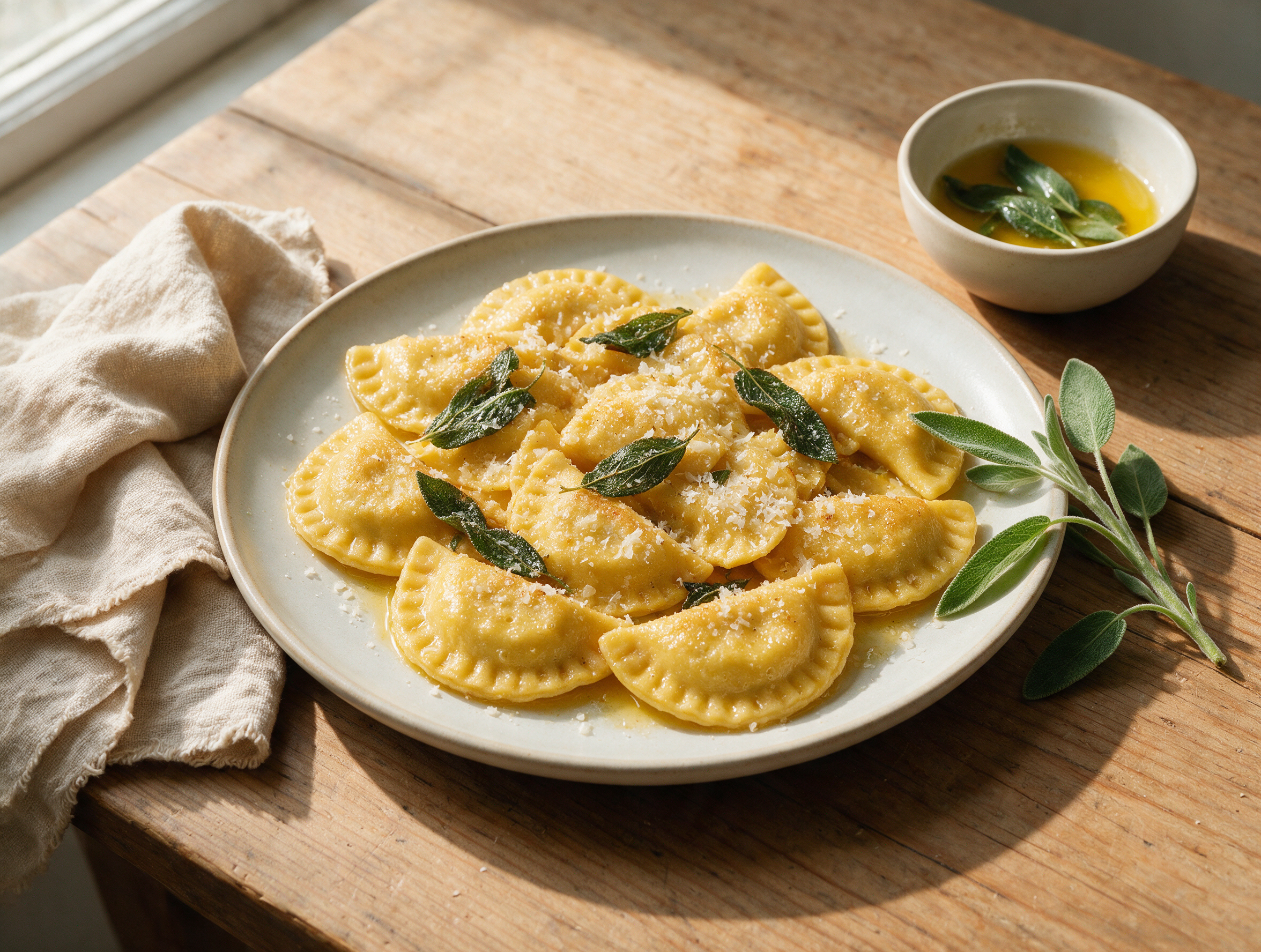 Plated schlutzkrapfen half-moons glossy with sage brown butter and crisp sage leaves on a pale ceramic dish