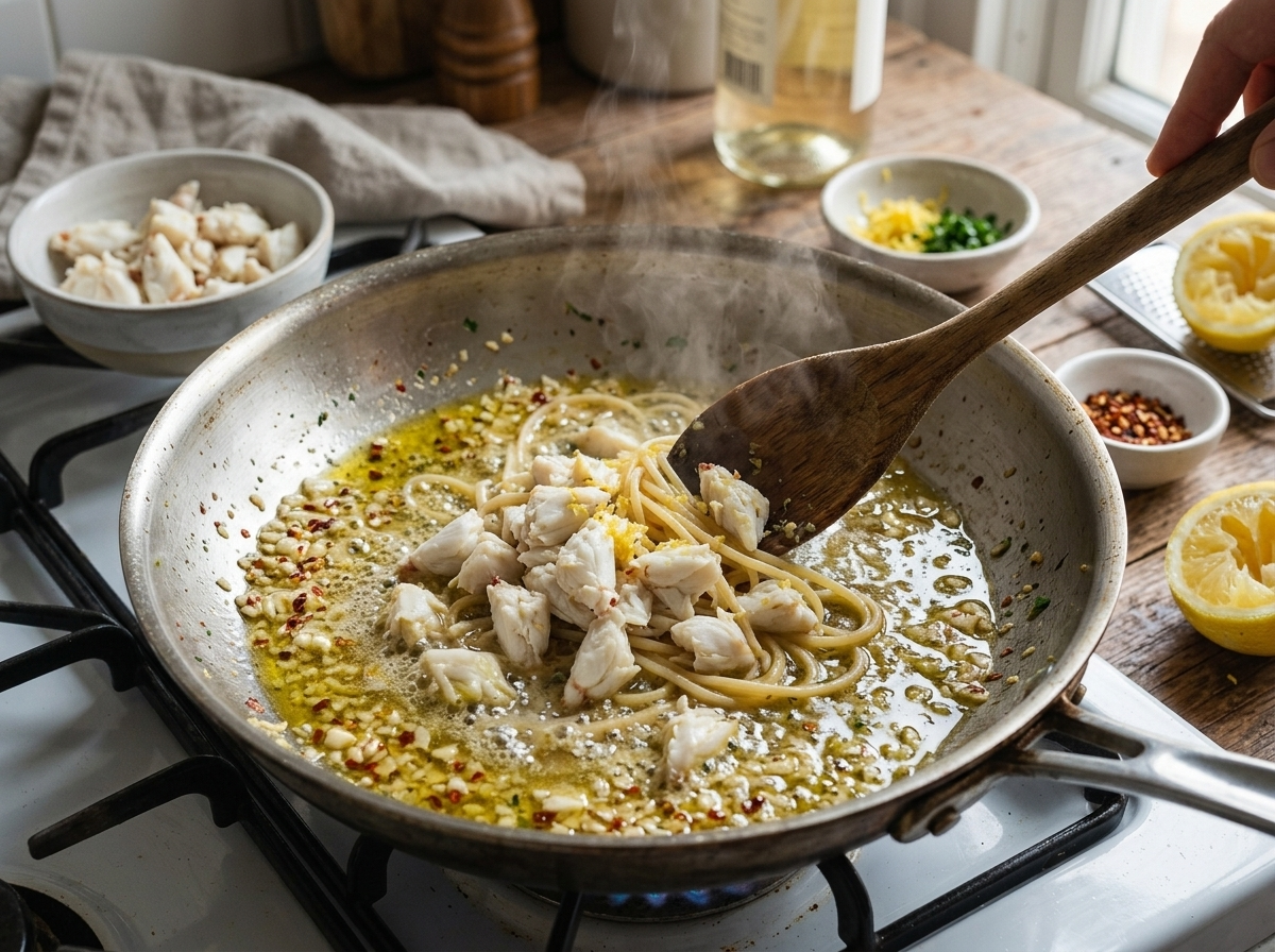Crab meat being folded into garlic and white wine in a steaming stainless skillet with a wooden spoon