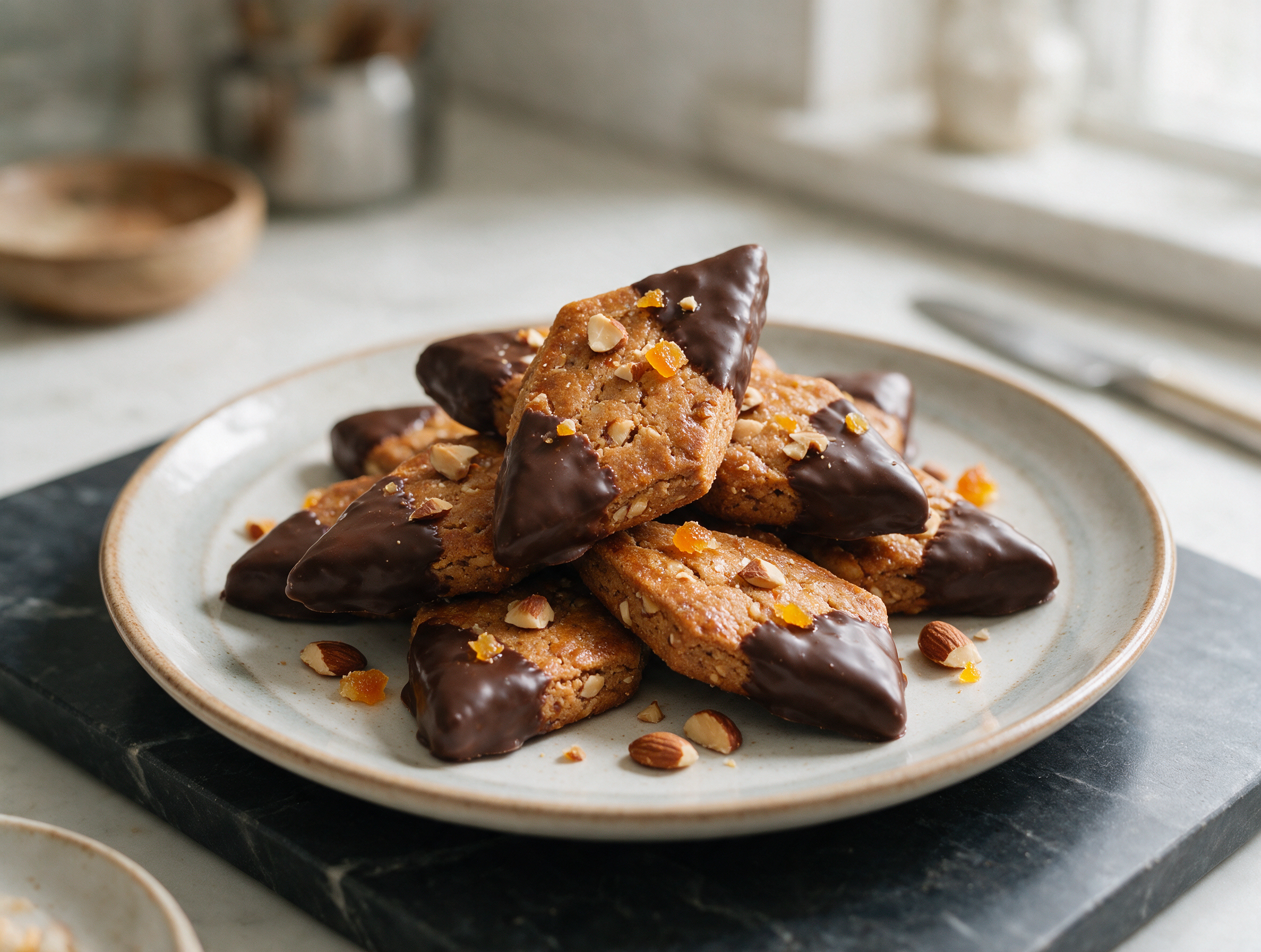 Diamond-shaped mostaccioli cookies half-dipped in dark chocolate glaze, stacked on a marble board with citrus peel.