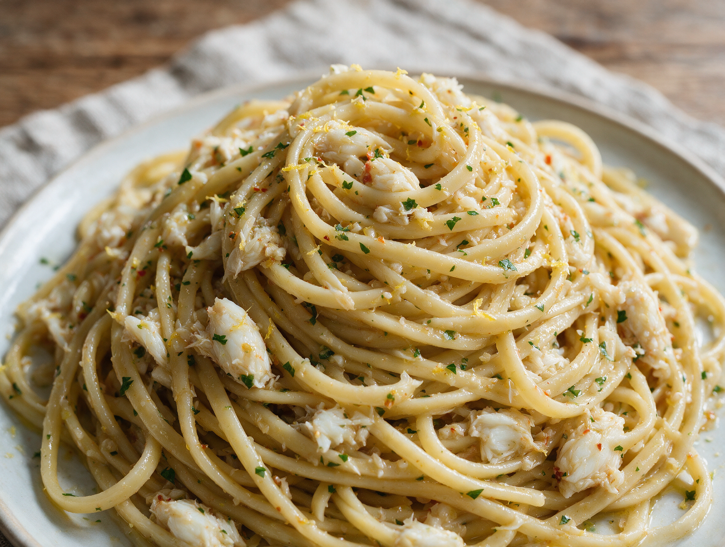 Twirled linguine al granchio topped with lump crab meat, parsley and lemon zest on a pale plate over linen