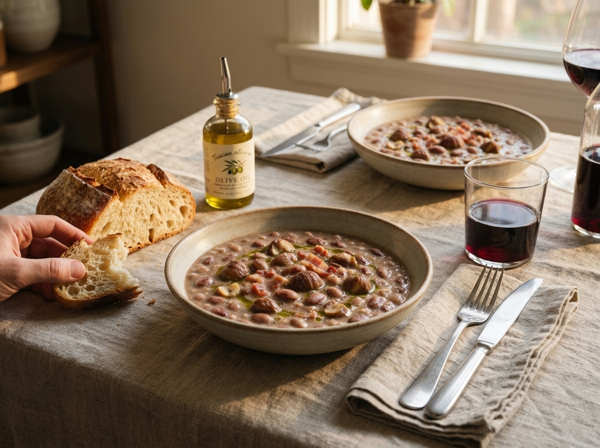 Two bowls of chestnut bean minestra on a linen tablecloth with torn crusty bread and a glass of red wine nearby