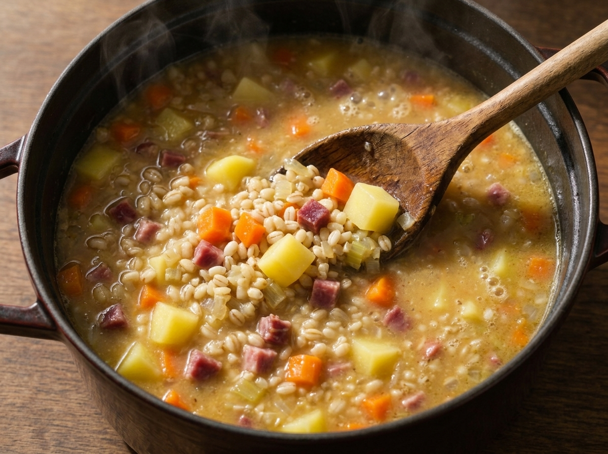 Wooden spoon stirring pearl barley and diced speck simmering in cloudy broth inside a dark Dutch oven