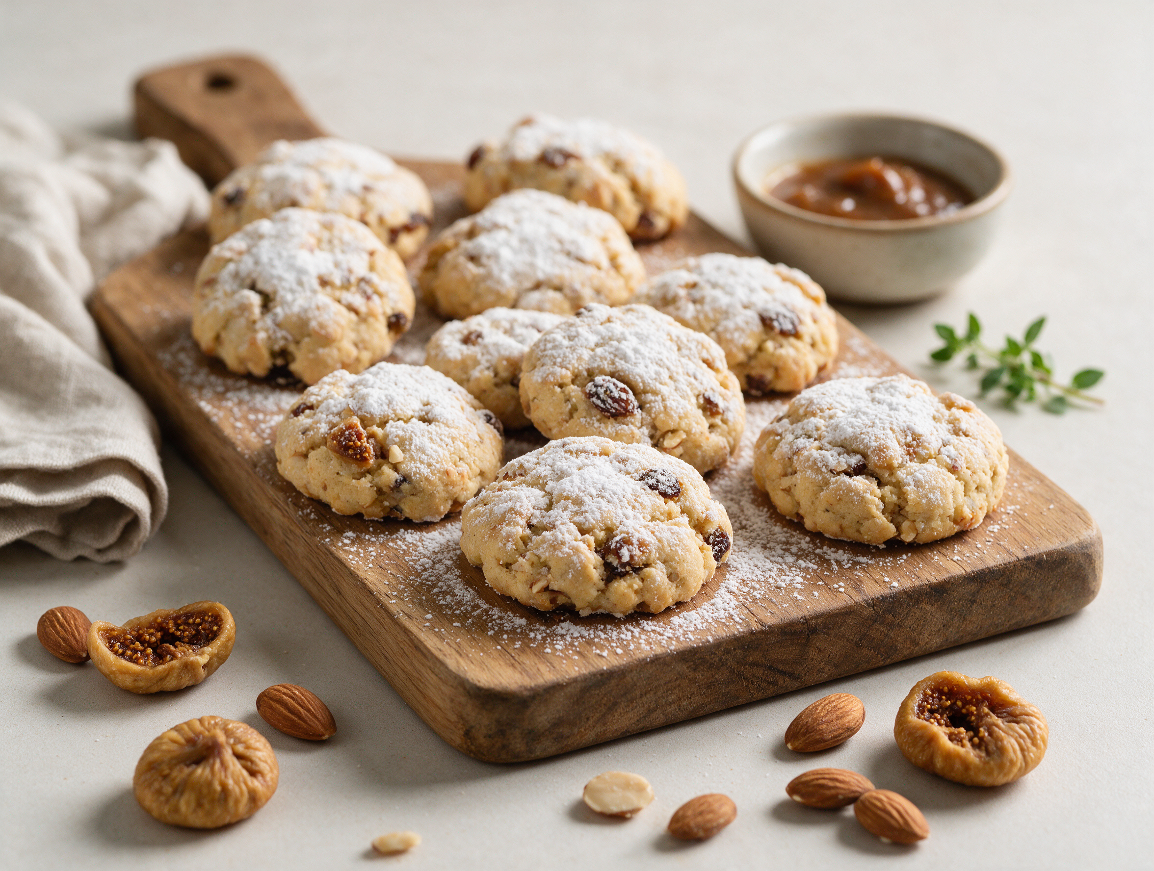 Overhead shot of pale golden pan dei morti cookies dusted with powdered sugar on a rustic wooden board.