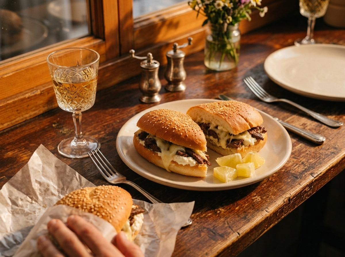 Hands holding a wax-paper-wrapped pani ca meusa sandwich at a Palermo market counter with wine and lemon wedges