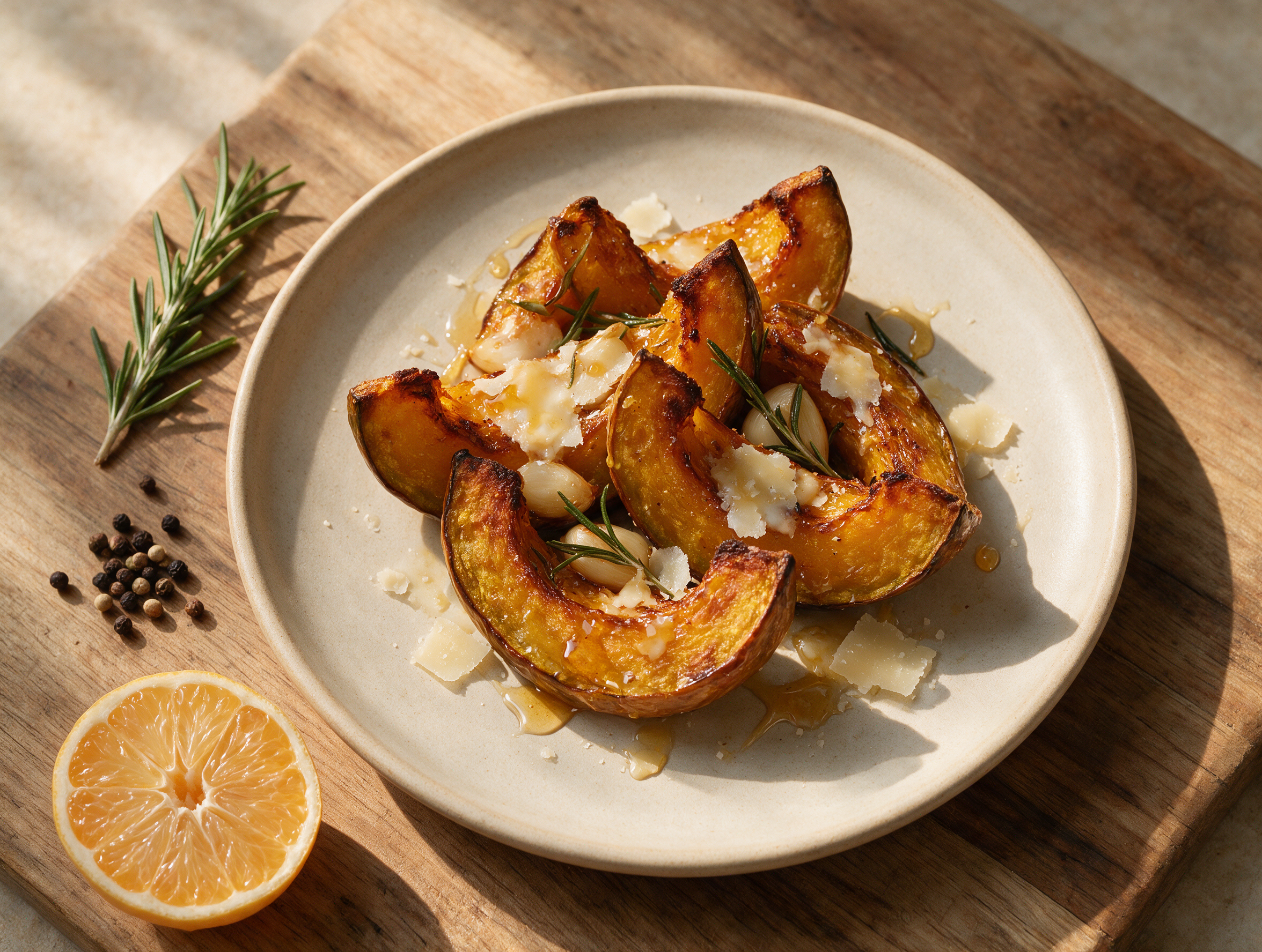 Caramelized pumpkin wedges on a wooden board with shaved Parmesan and a honey drizzle, rosemary sprigs scattered across the surface.