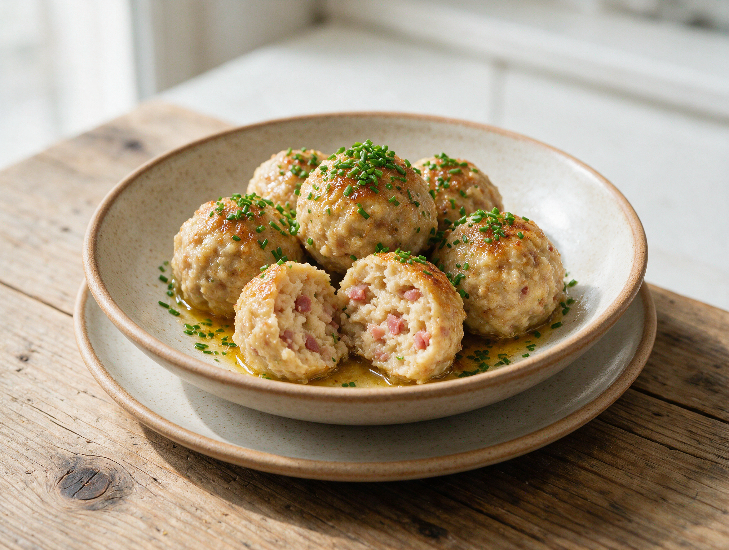 Golden canederli allo Speck dumplings in a rustic bowl, drizzled with browned butter and scattered with fresh chives.