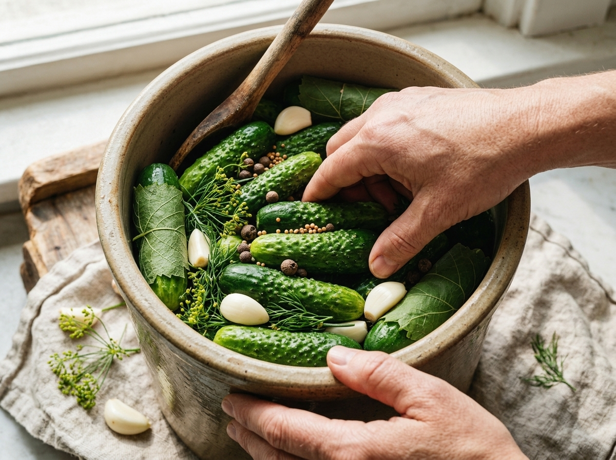 Hands packing whole pickling cucumbers into a ceramic crock layered with bay leaves, mustard seeds, and grape leaves.