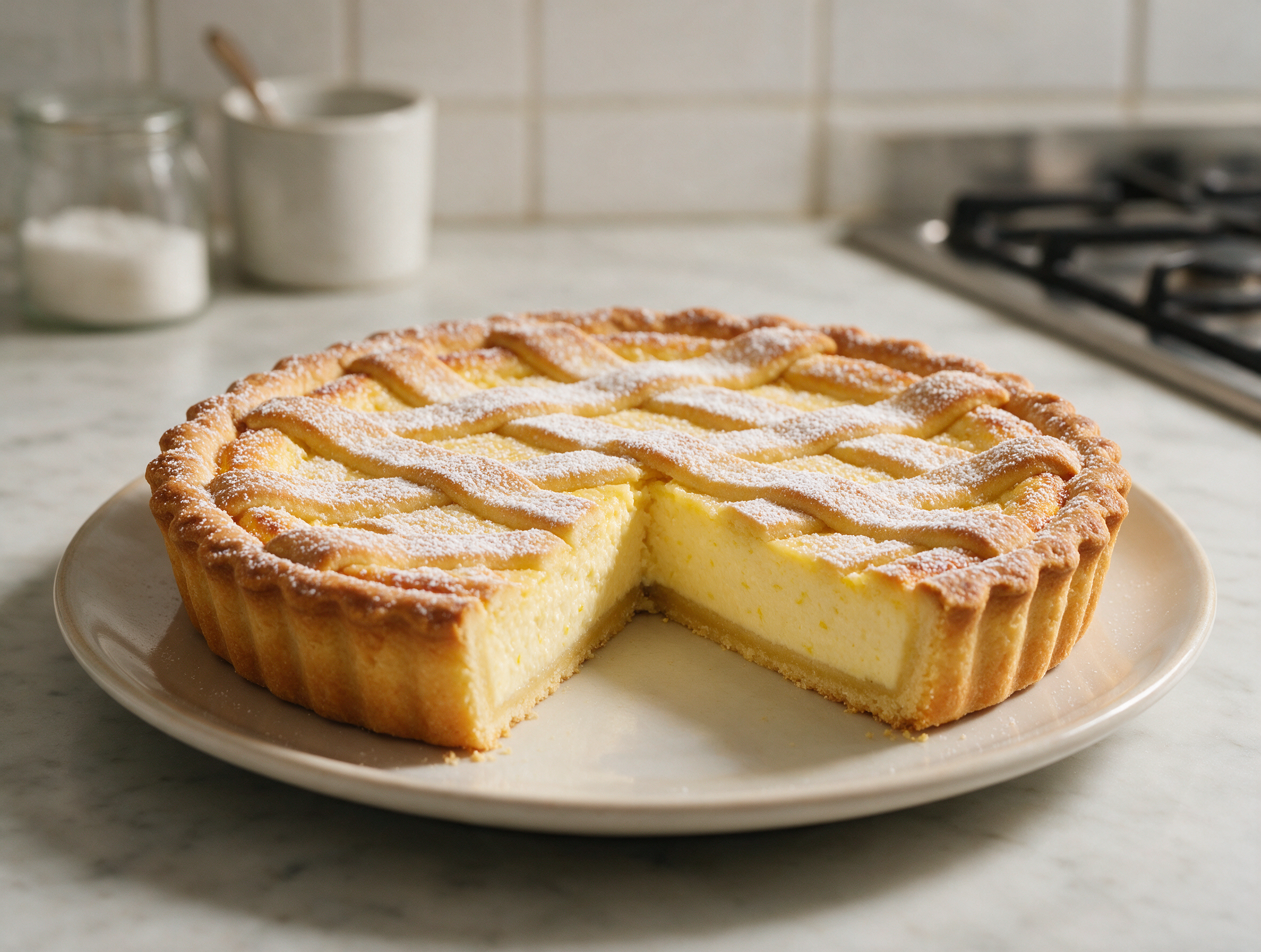 Whole Roman ricotta crostata with golden lattice top and one wedge cut, powdered sugar dusted over a marble counter.