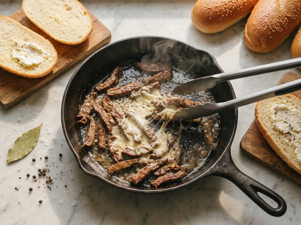 Thin strips of spleen and lung sizzling in melted lard in a cast-iron skillet, tongs turning a browning piece
