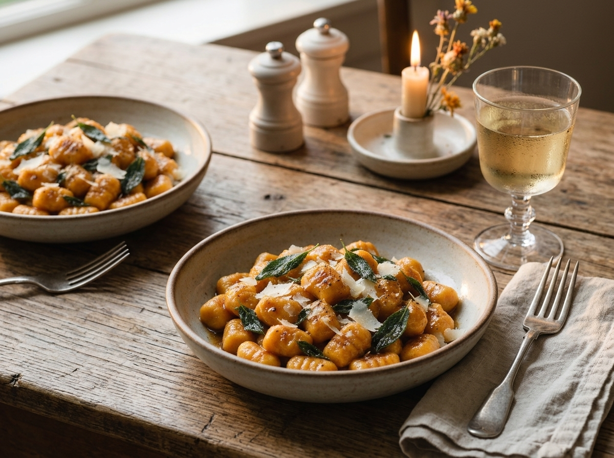 Two rustic bowls of pumpkin gnocchi on a linen-covered table with a glass of white wine and worn silver forks.