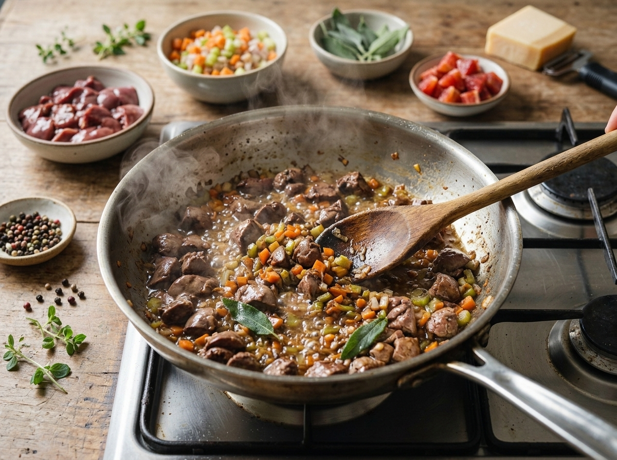 Chicken liver pieces browning in a wide skillet alongside soffritto, wine deglazing the pan in a rising steam