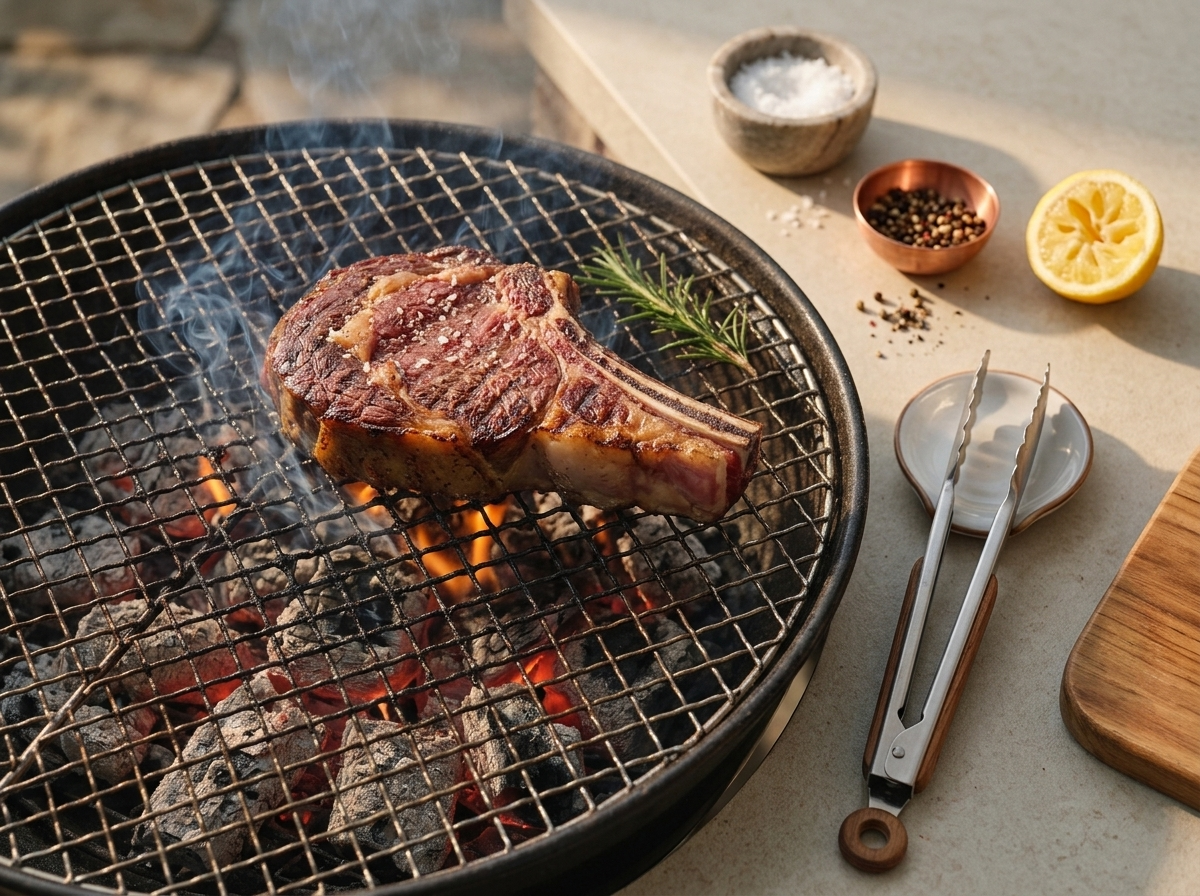 Bone-in rib steak searing over glowing charcoal, deep grill marks forming as smoke rises around the meat