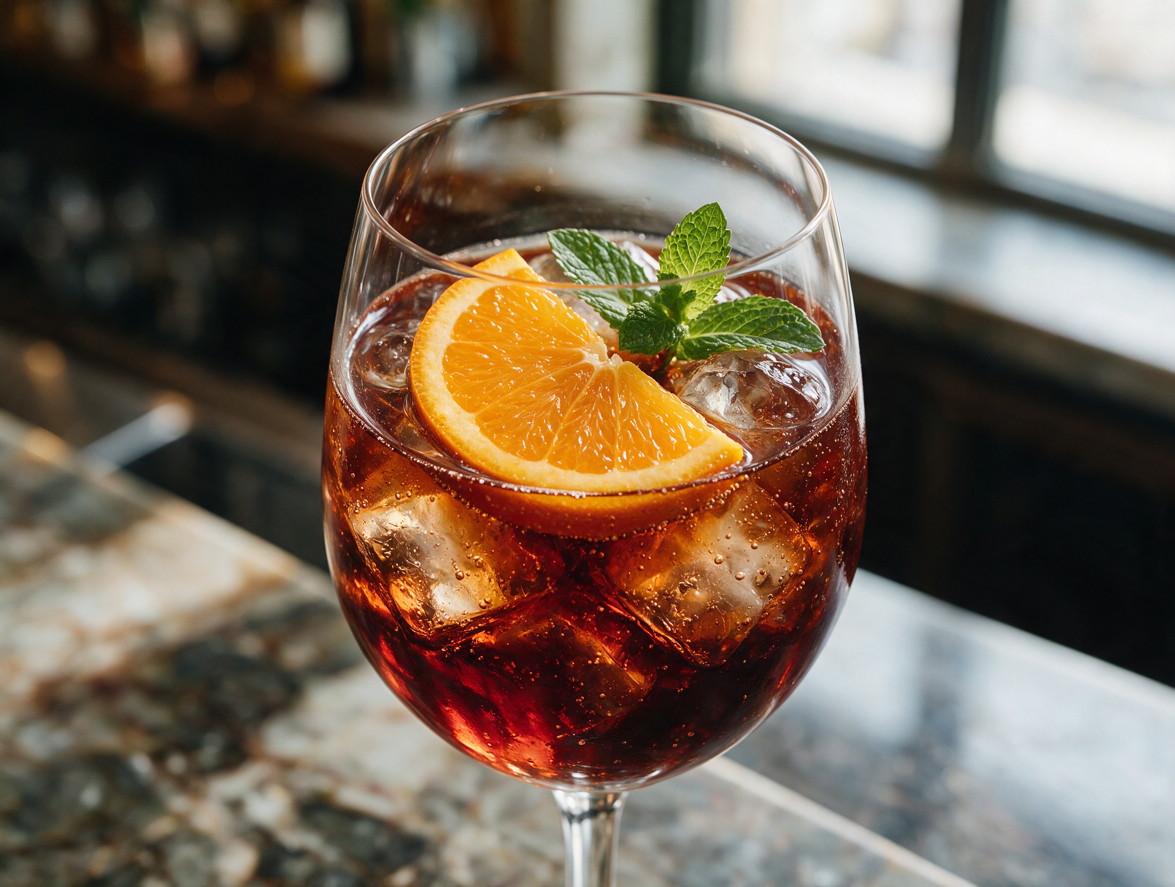 Overhead shot of a Cynar Spritz in a stemmed glass with orange wheel and mint, ice glistening, on a marble bar counter