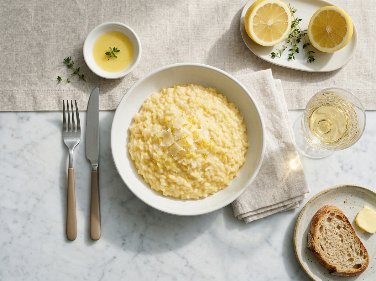 Table set with a bowl of lemon risotto, a glass of white wine, and a halved lemon on a linen napkin.