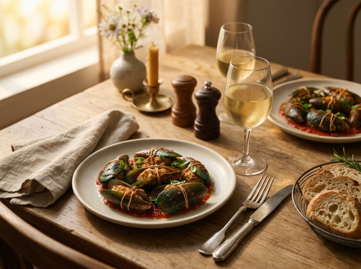 Table scene with two plates of stuffed mussels in sauce, crusty bread, a glass of white wine, and a folded linen napkin.