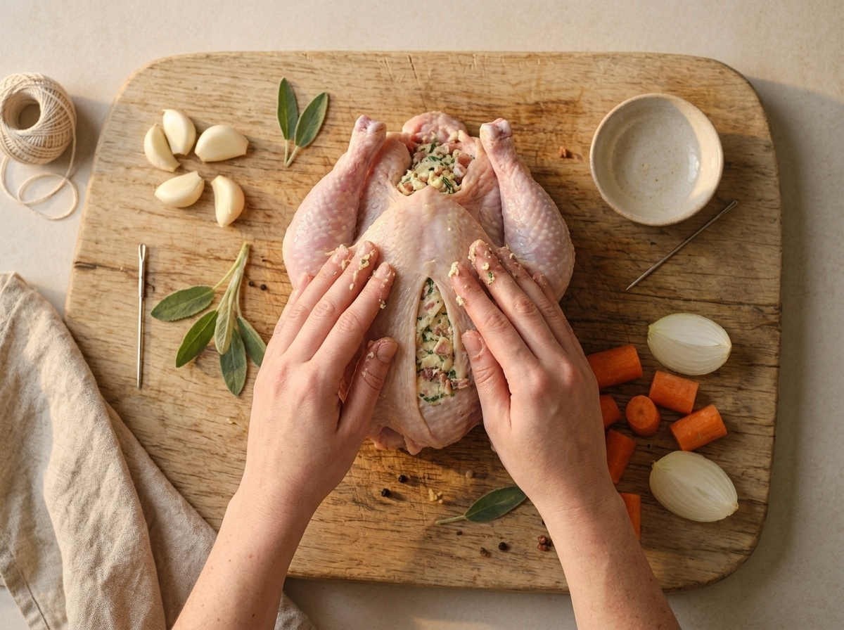 Cook rubbing pancetta and sage butter under the skin of a raw guinea fowl before it goes into the roasting pan
