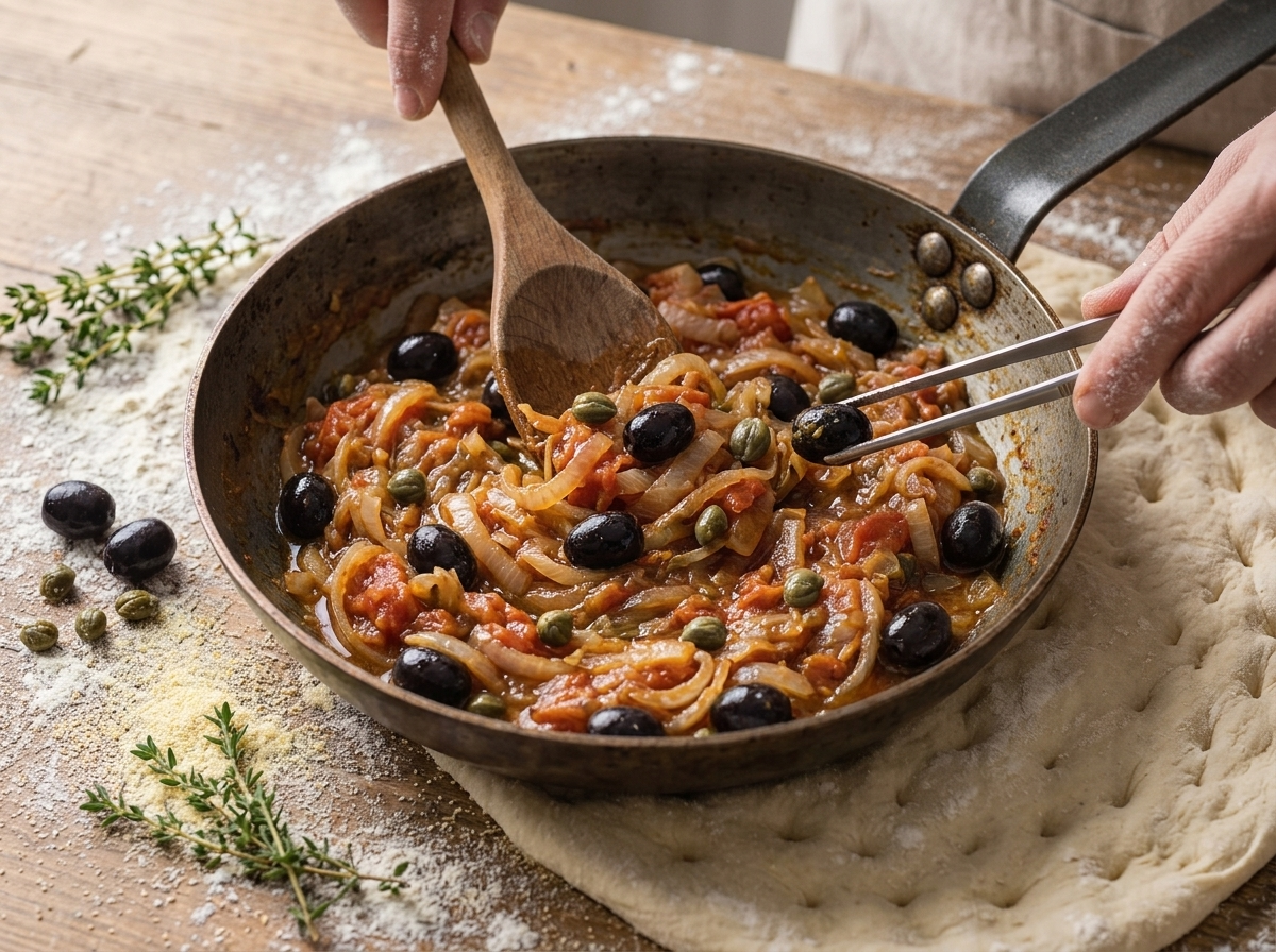Cook spreading wilted scarola, olives and anchovies over rolled dough on a floured counter before sealing the focaccia.