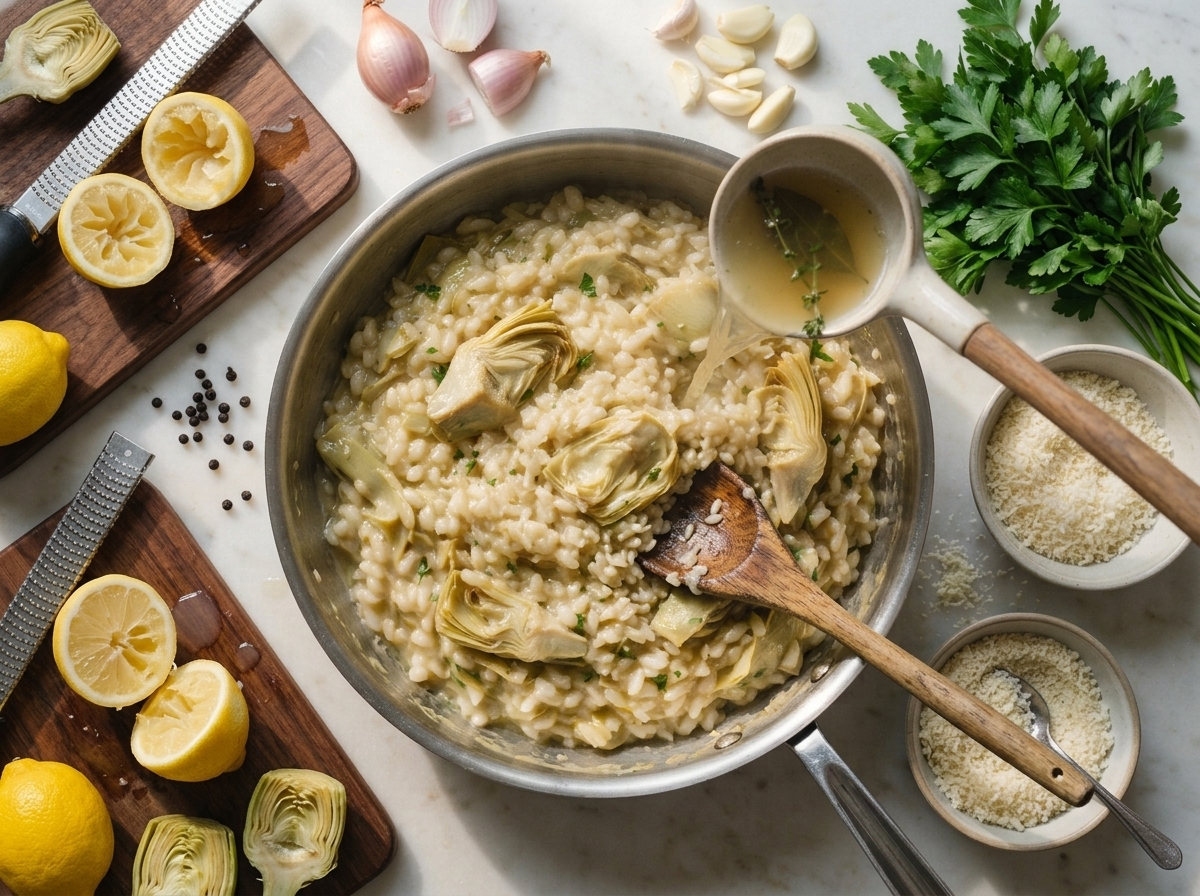 Wooden spoon stirring rice and artichoke slices in a steel pan while stock is ladled in over the stove