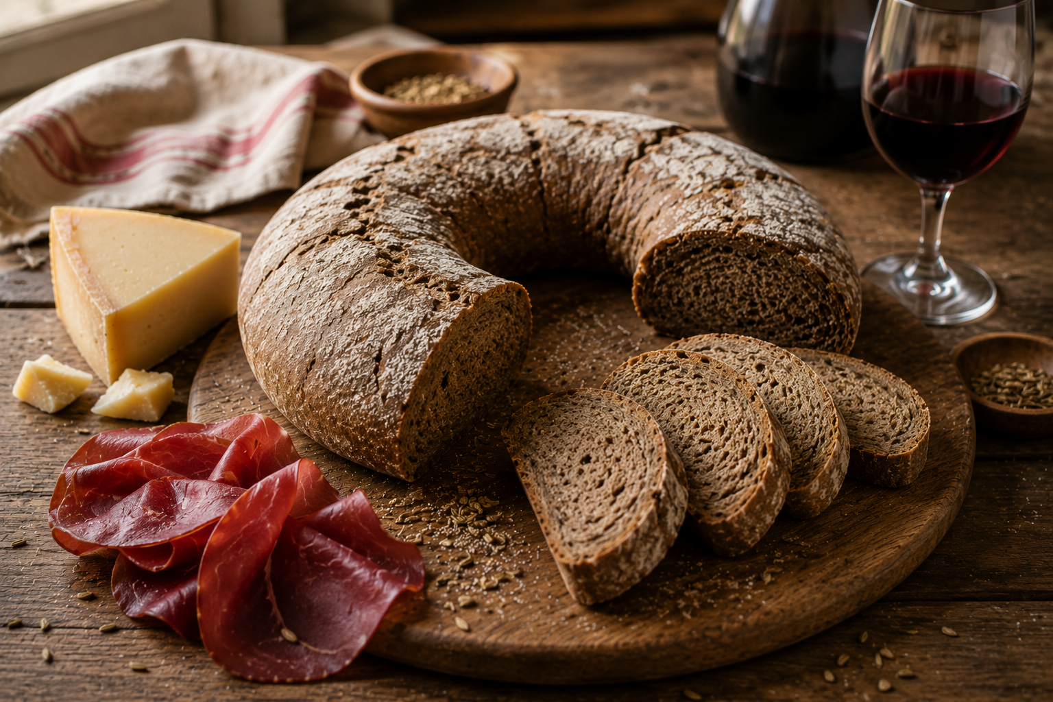 Sliced Valtellina rye bread served with bresaola, Casera cheese, and red wine on a rustic wooden table