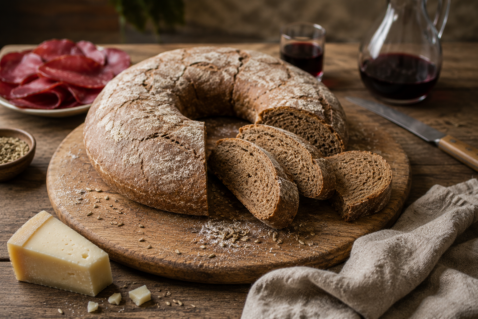 Sliced Pane di Segale della Valtellina rye loaf on a wooden board showing dense tan crumb and fennel seeds