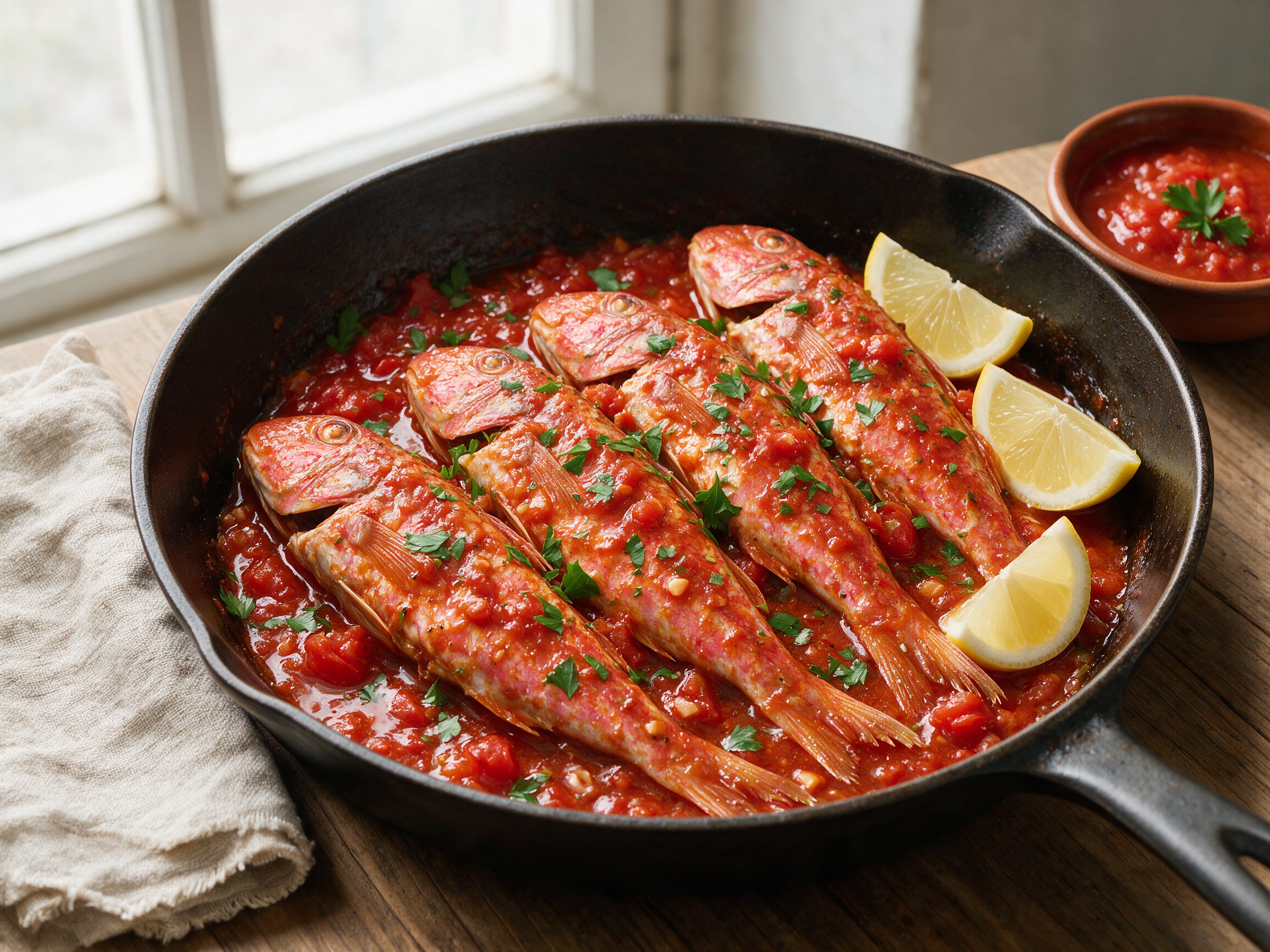 Four whole red mullet in a glossy tomato sauce topped with parsley, served in a dark skillet on a wooden table