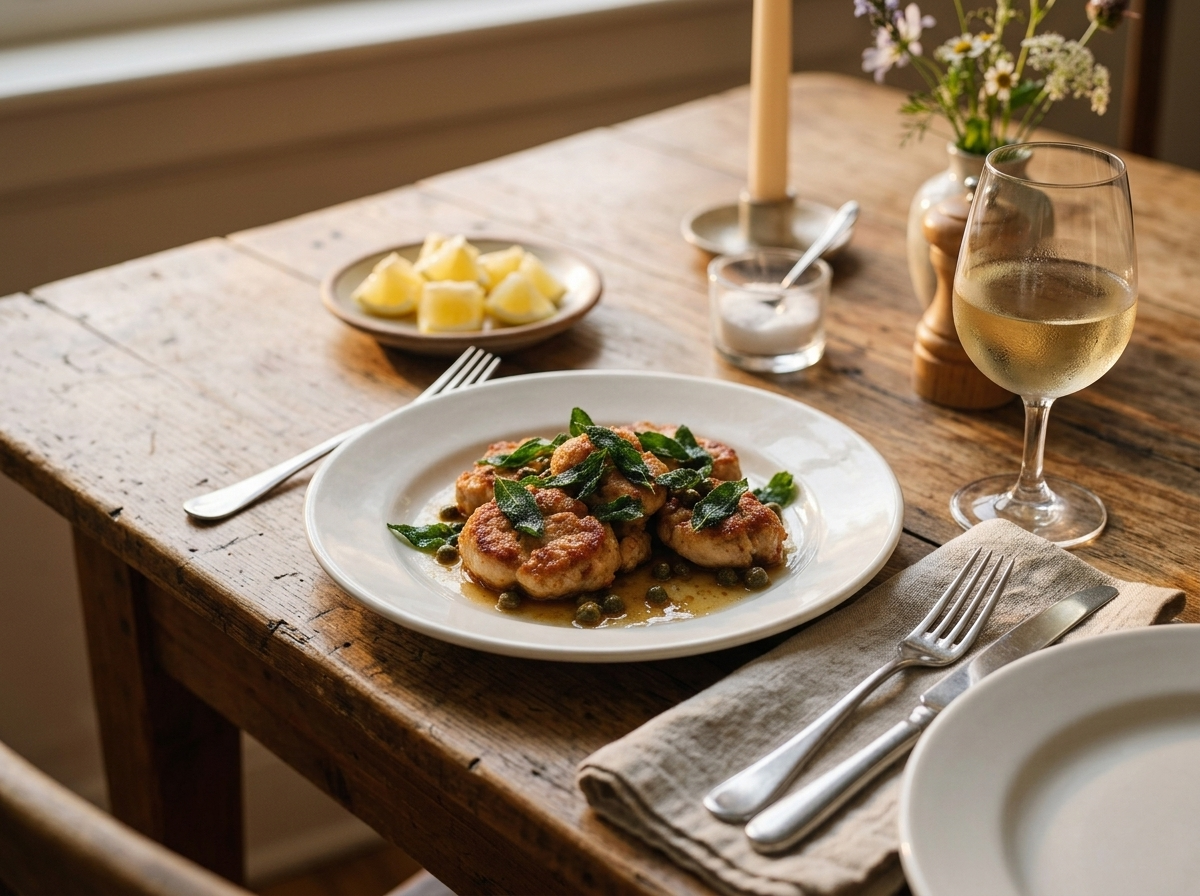 A rustic wooden table set with a plate of pan-fried sweetbreads, a glass of white wine and a linen napkin nearby.