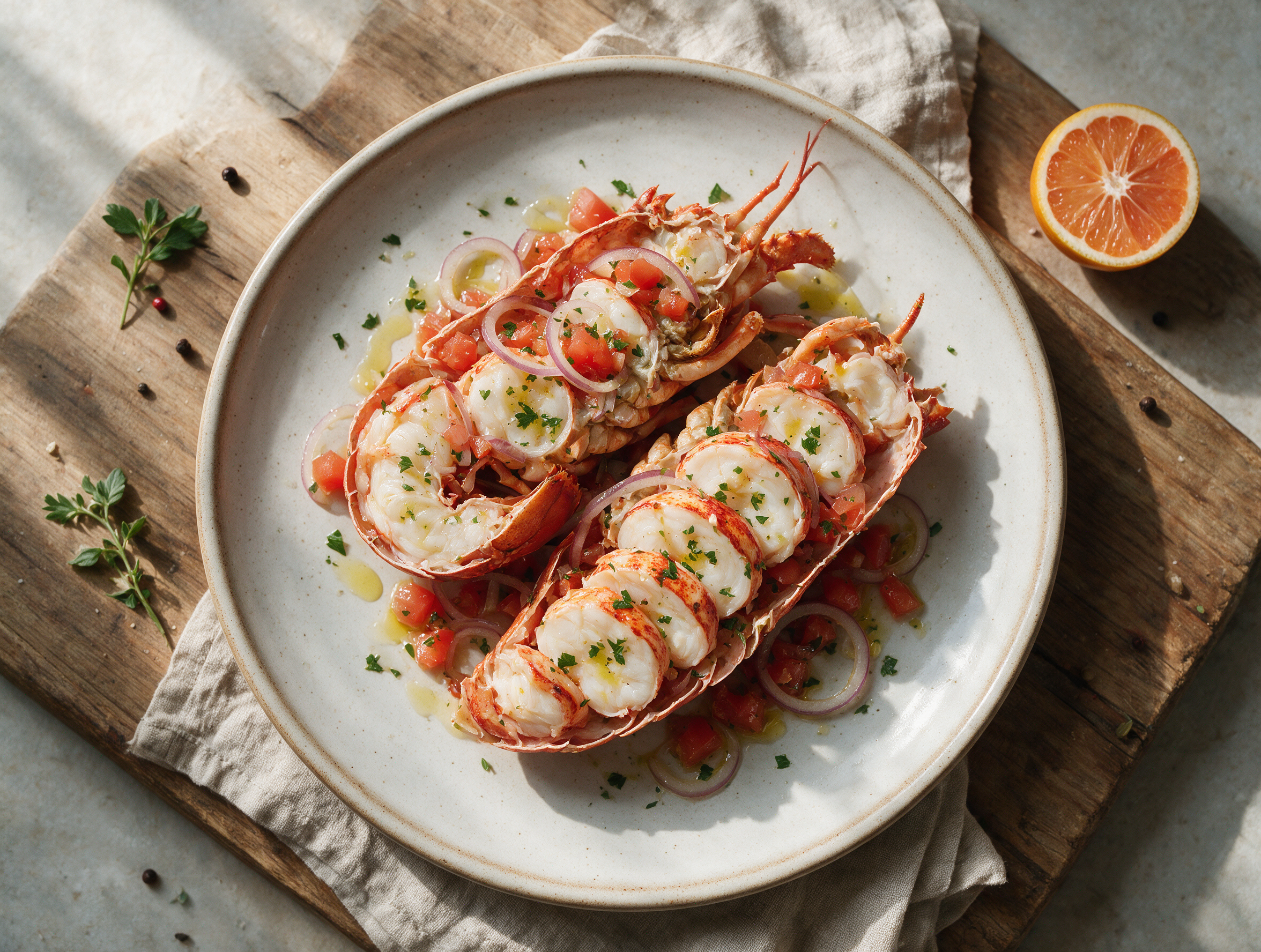 Sliced lobster medallions over the shell with diced tomato, red onion, and olive oil drizzle on a wooden board