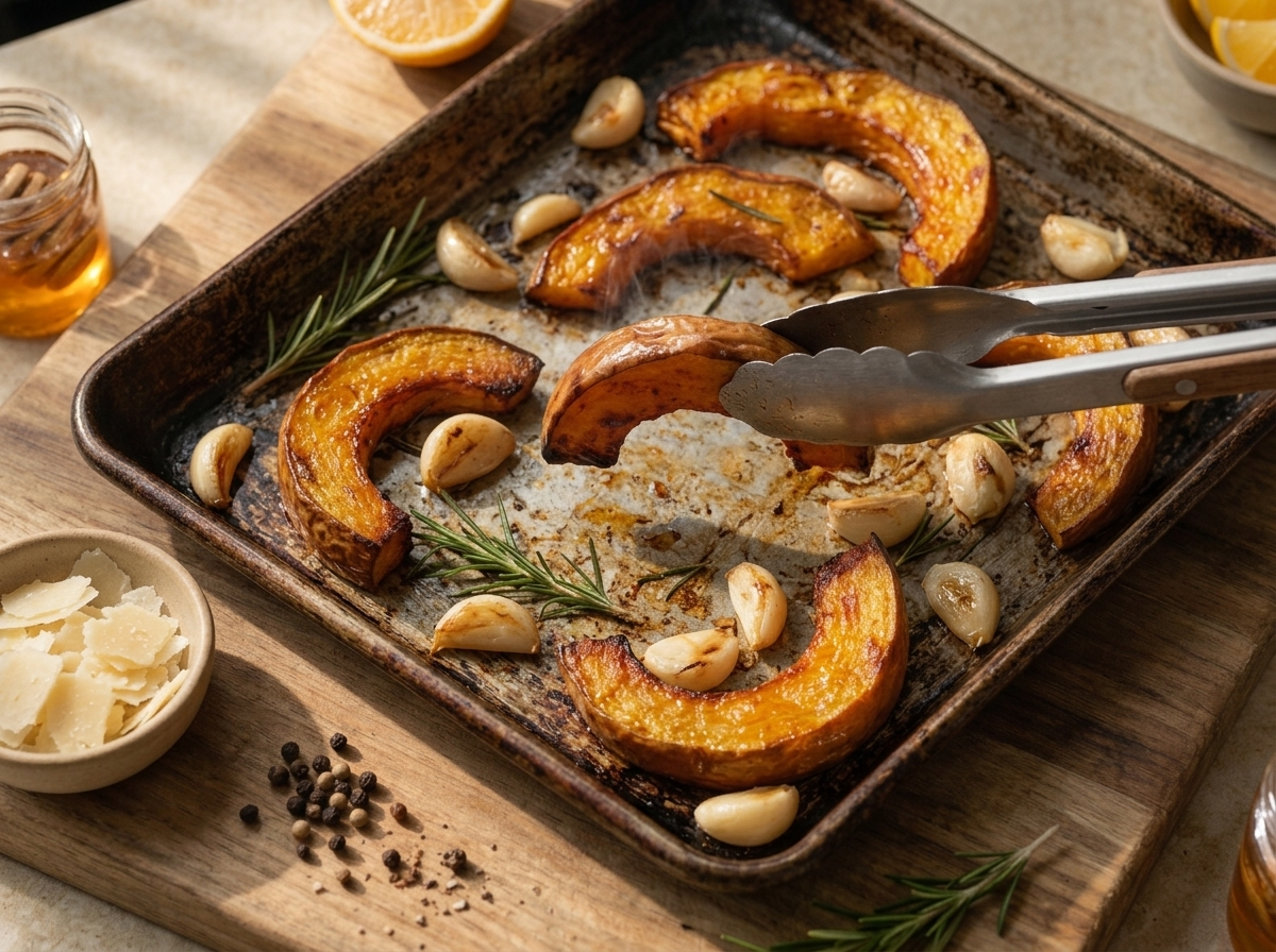 Sheet pan of roasting pumpkin wedges being flipped with tongs, charred garlic cloves and rosemary visible among the caramelized edges.