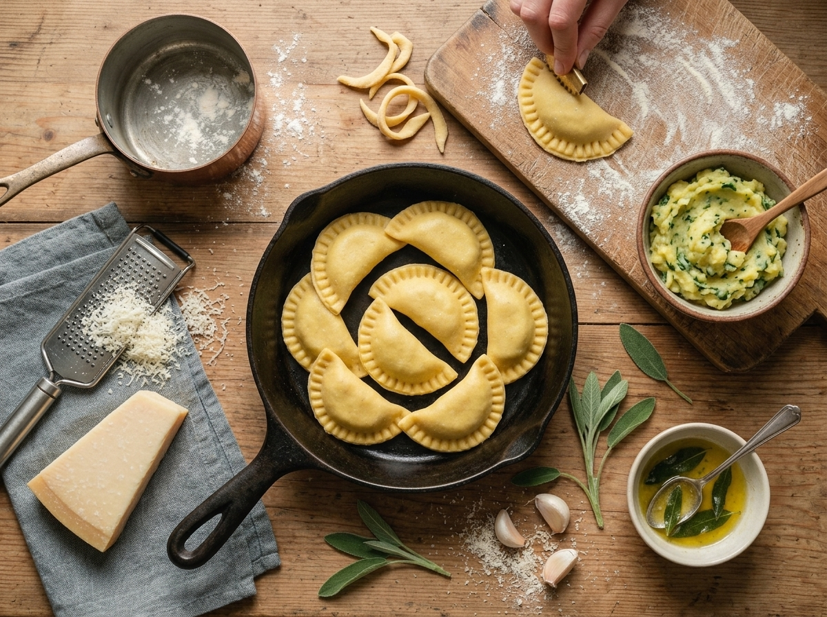 Hands crimping the edge of a potato-spinach filled pasta half-moon on a floured wooden board