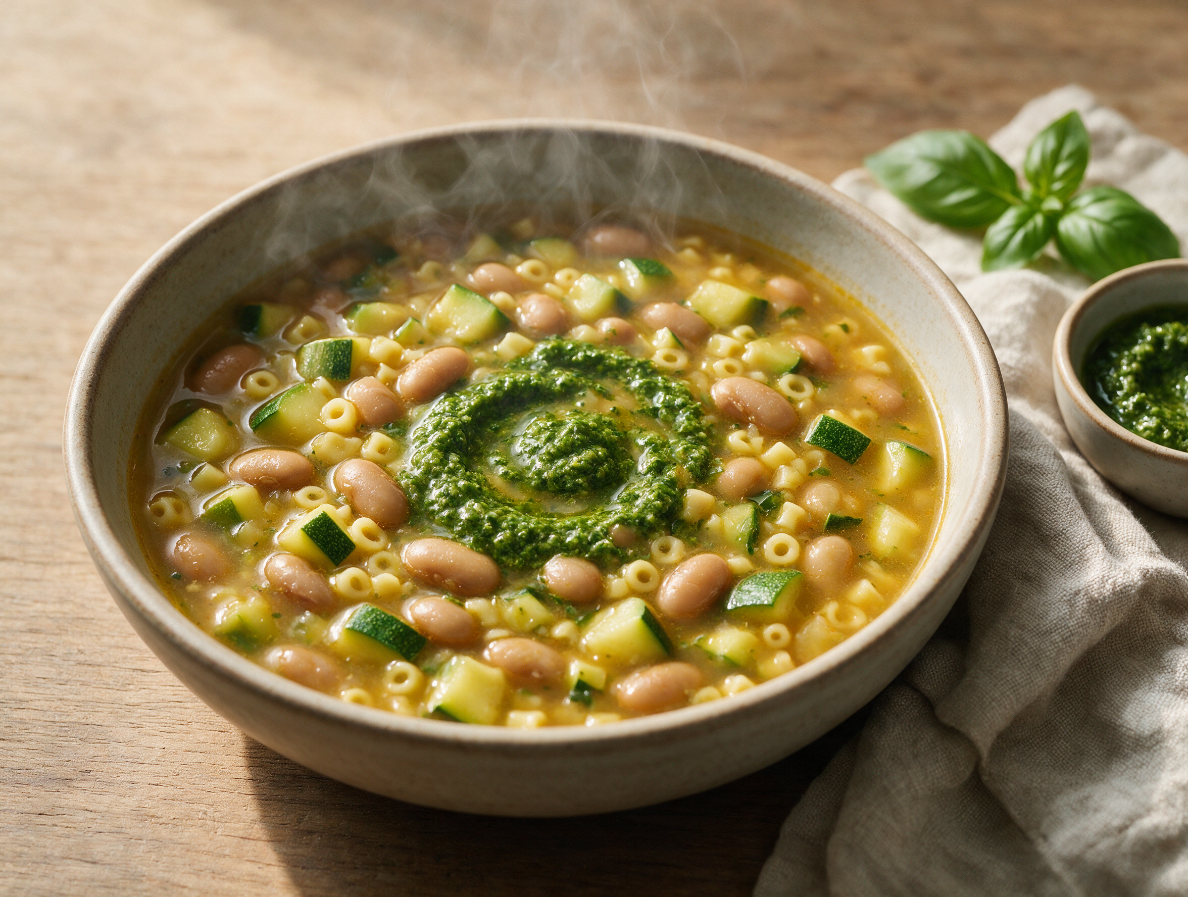 Overhead view of a rustic bowl of vegetable minestrone swirled with bright green pesto, steam rising over a linen napkin.