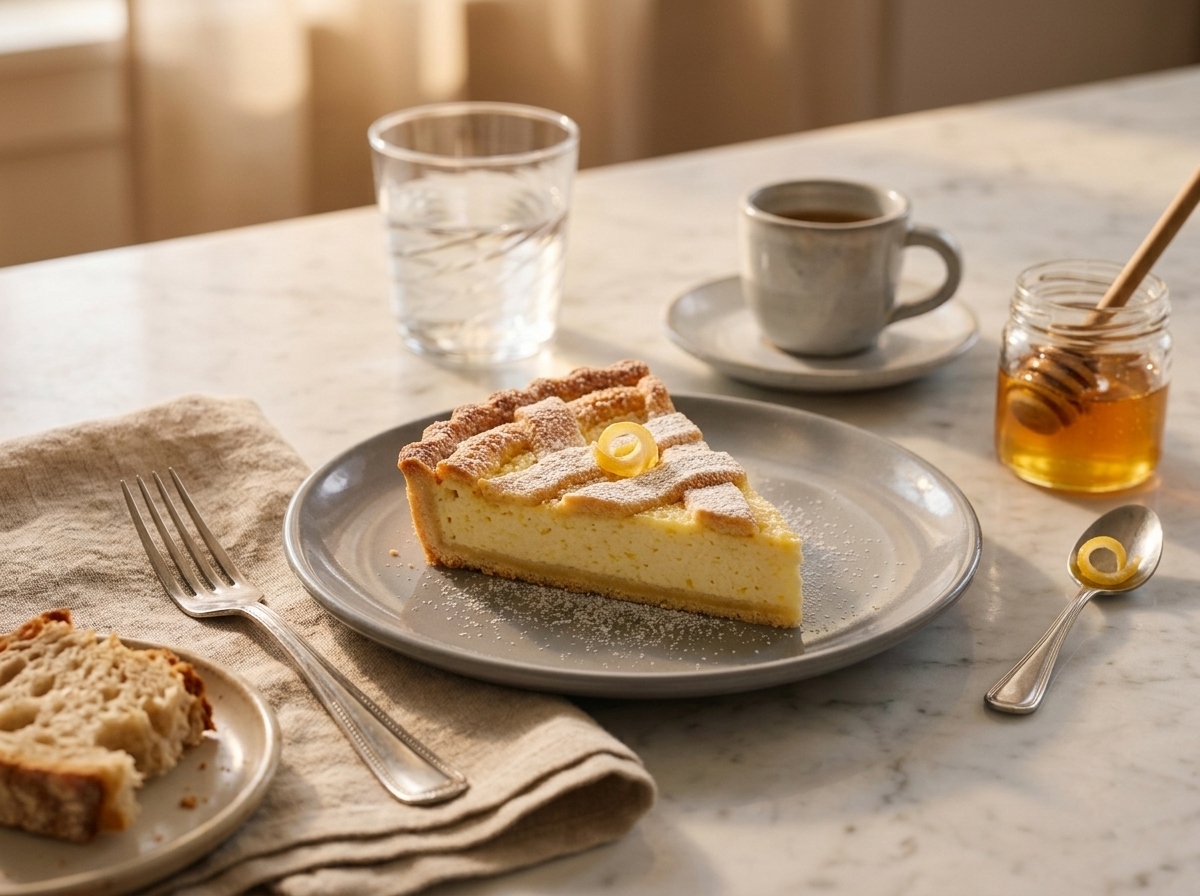 A slice of ricotta crostata on a small plate beside an espresso cup and linen napkin on a wooden table.