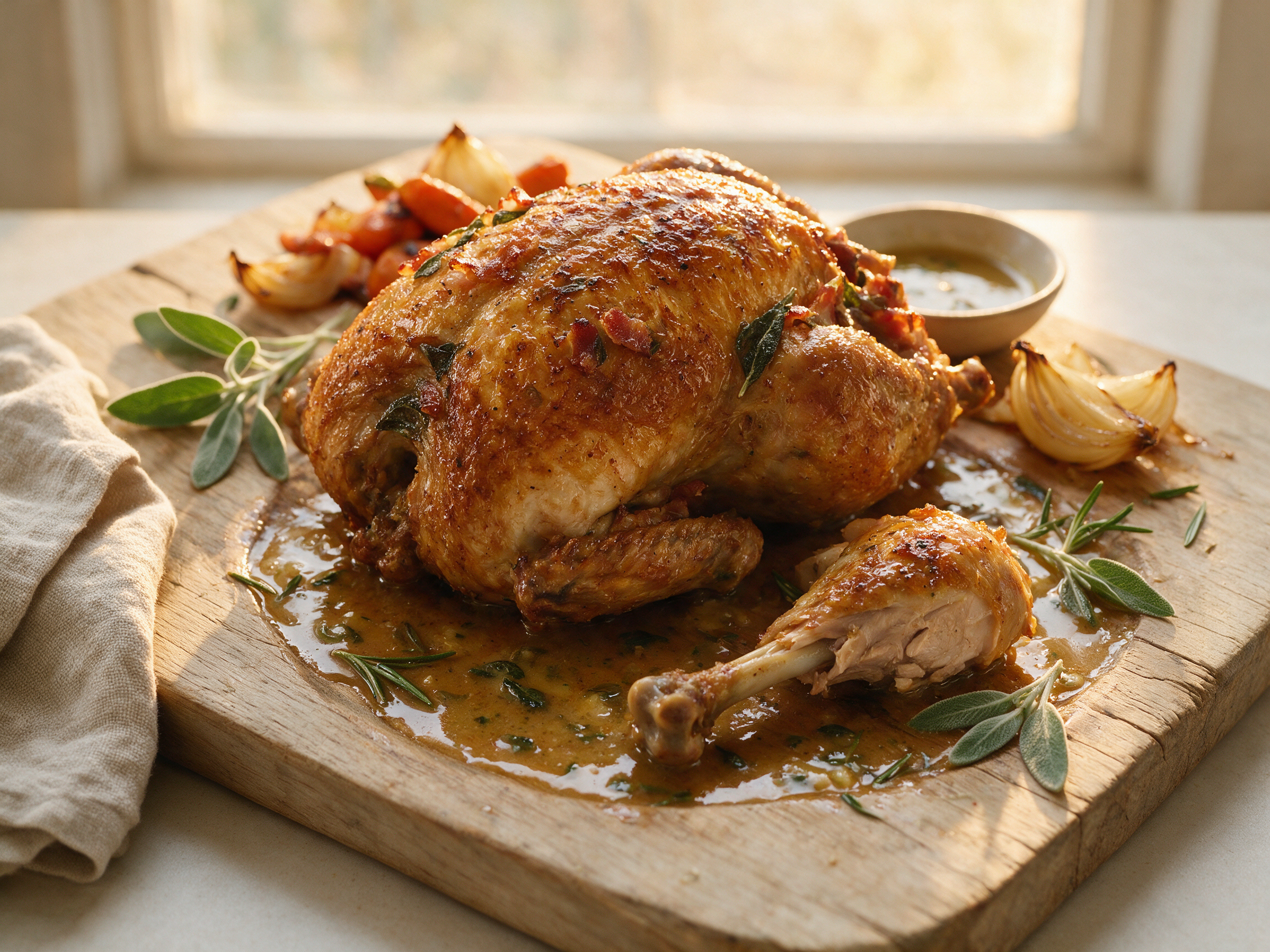 Whole roasted guinea fowl with golden crackled skin on a wooden board, carved leg resting beside pan sauce