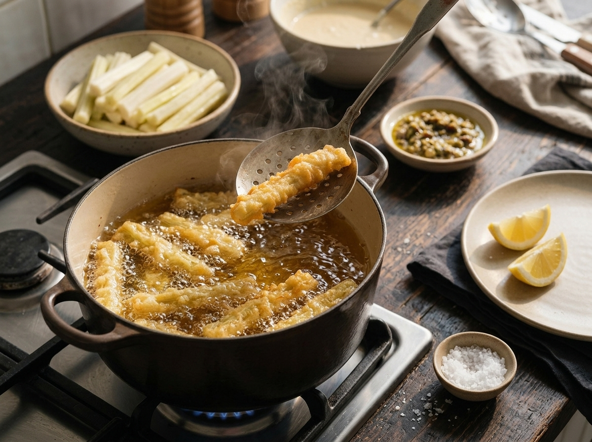 Battered cardoon batons frying in bubbling oil inside a dark pot, a slotted spoon lifting one golden piece.