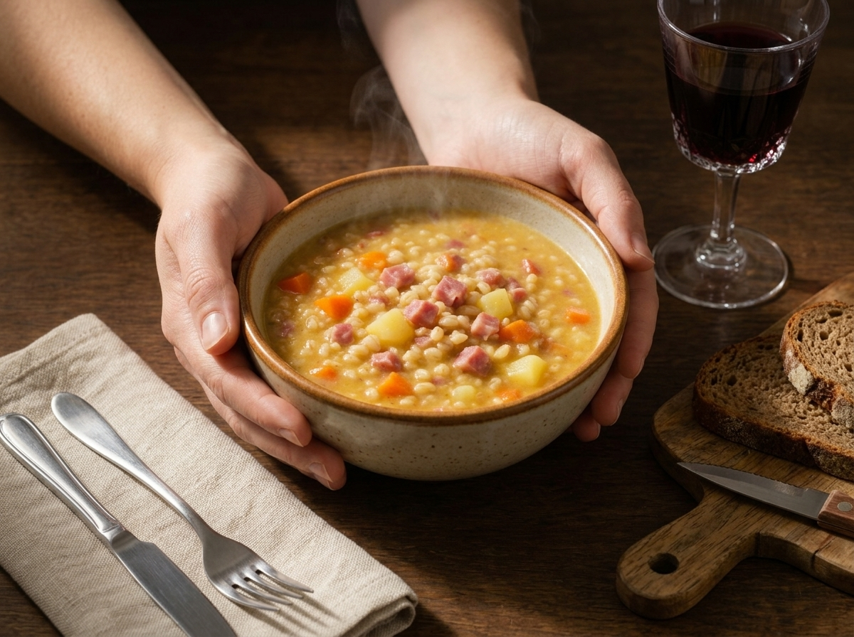 Hands holding a warm bowl of barley soup at a rustic table with rye bread and a glass of wine nearby
