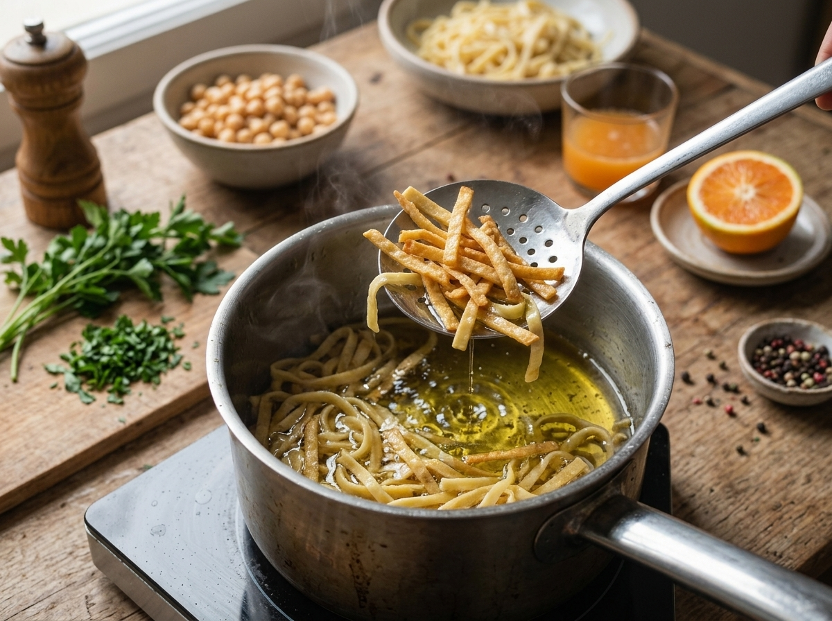 Overhead view of hands lifting golden fried tria strips from hot oil in a small saucepan with a slotted spoon.