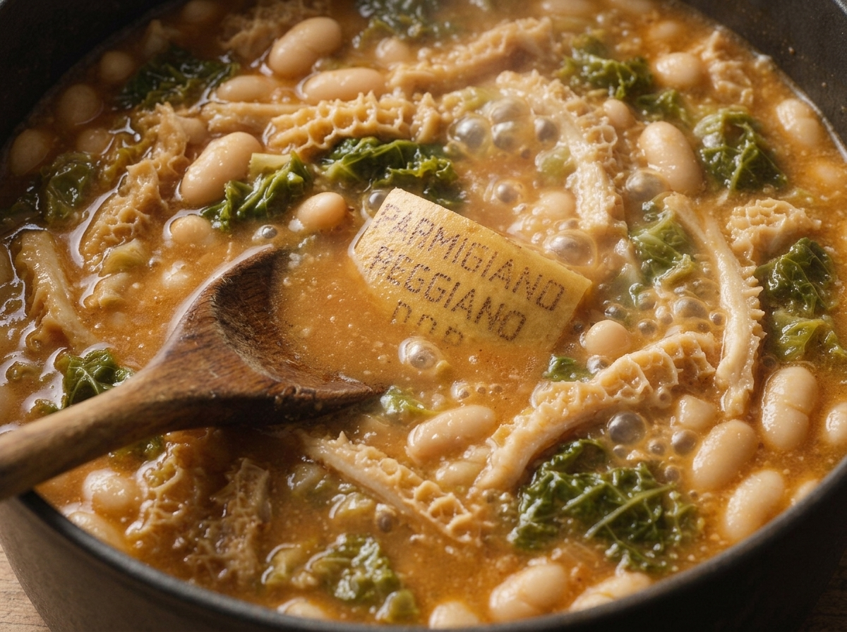Tripe and cannellini beans simmering in a Dutch oven with a parmesan rind, wooden spoon stirring the thickening broth
